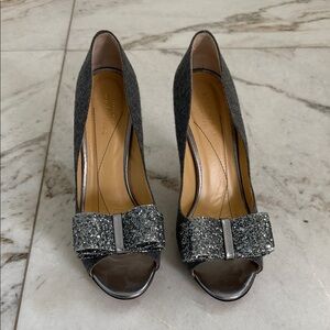 kate spade Gray Glitter Bow Peep-Toe Pumps